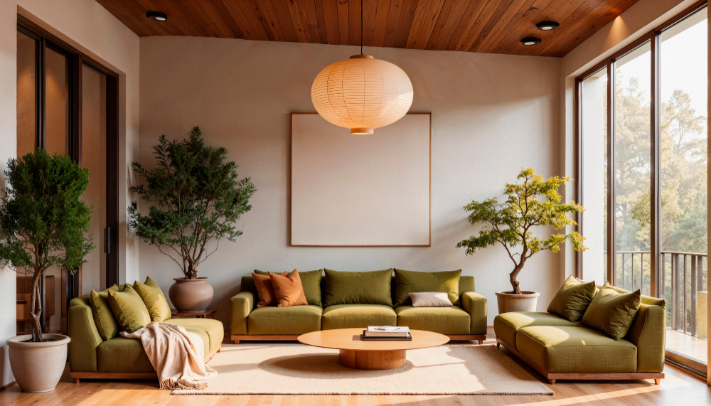 Furnished living room with comfortable sofa and expansive window view