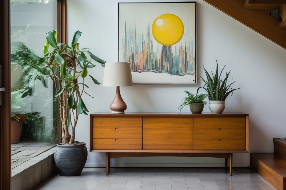 Decorative table with green plants beneath artwork featuring a building and sun