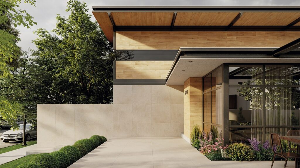 Contemporary luxury home with wooden exterior, balcony, and landscaped garden