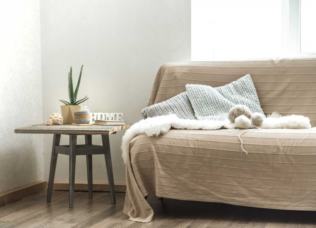 Modern sofa, indoor plants, and natural sunlight coming through a window