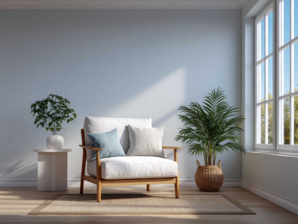 Comfortable sofa with two plants beside a large window filled with sunlight