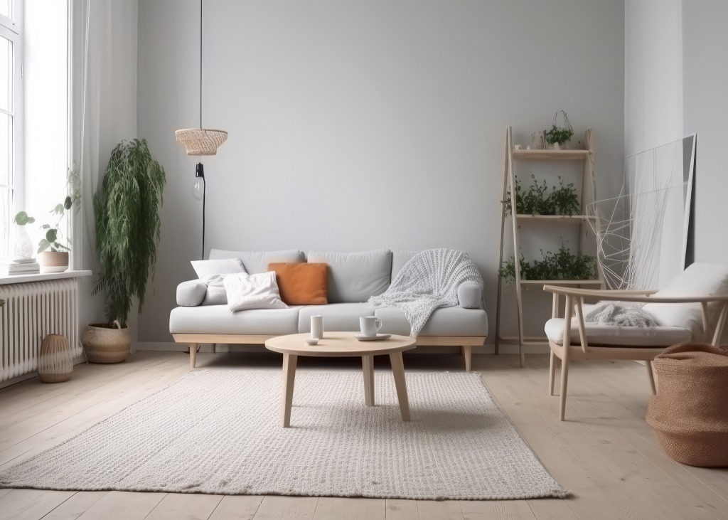 Bright grey and white living room with comfortable sofa, plants, and bulbs